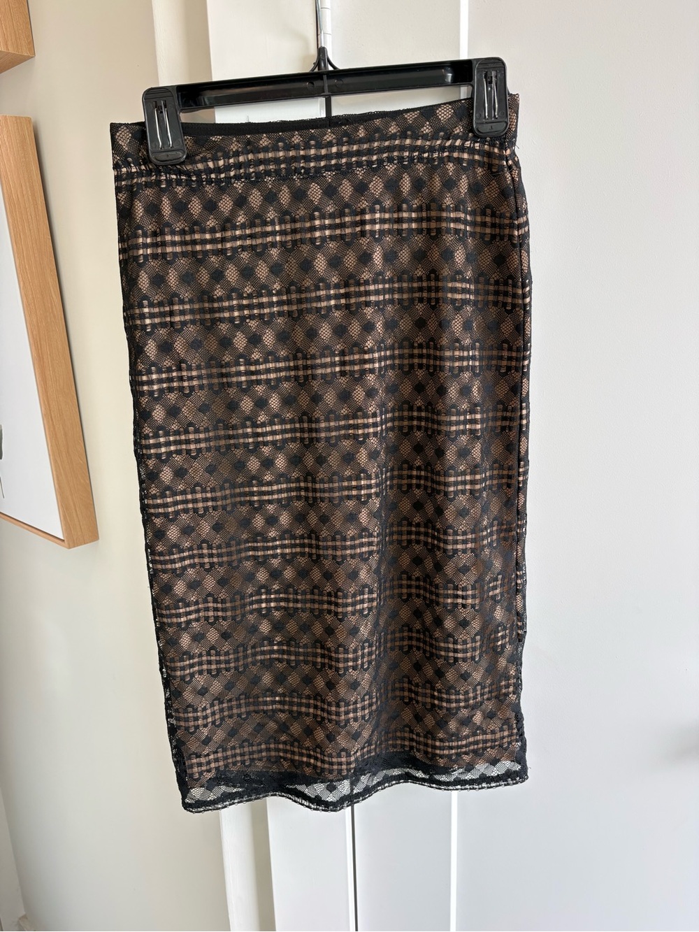 BCBGMaxAzria Brown and Black Lace-Overlay Pencil Skirt